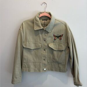 Women's Khaki Jacket with Embroidered Butterfly